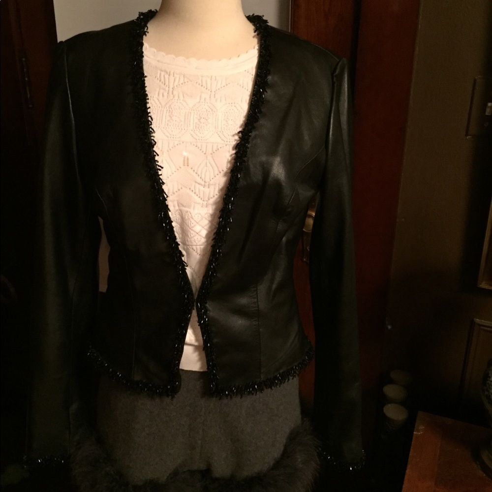Cadre Beaded Leather Blazer Jacket Size 8